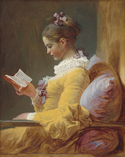 Oil painting of a young woman in a yellow dress reading a book, by Jean-Honoré Fragonard