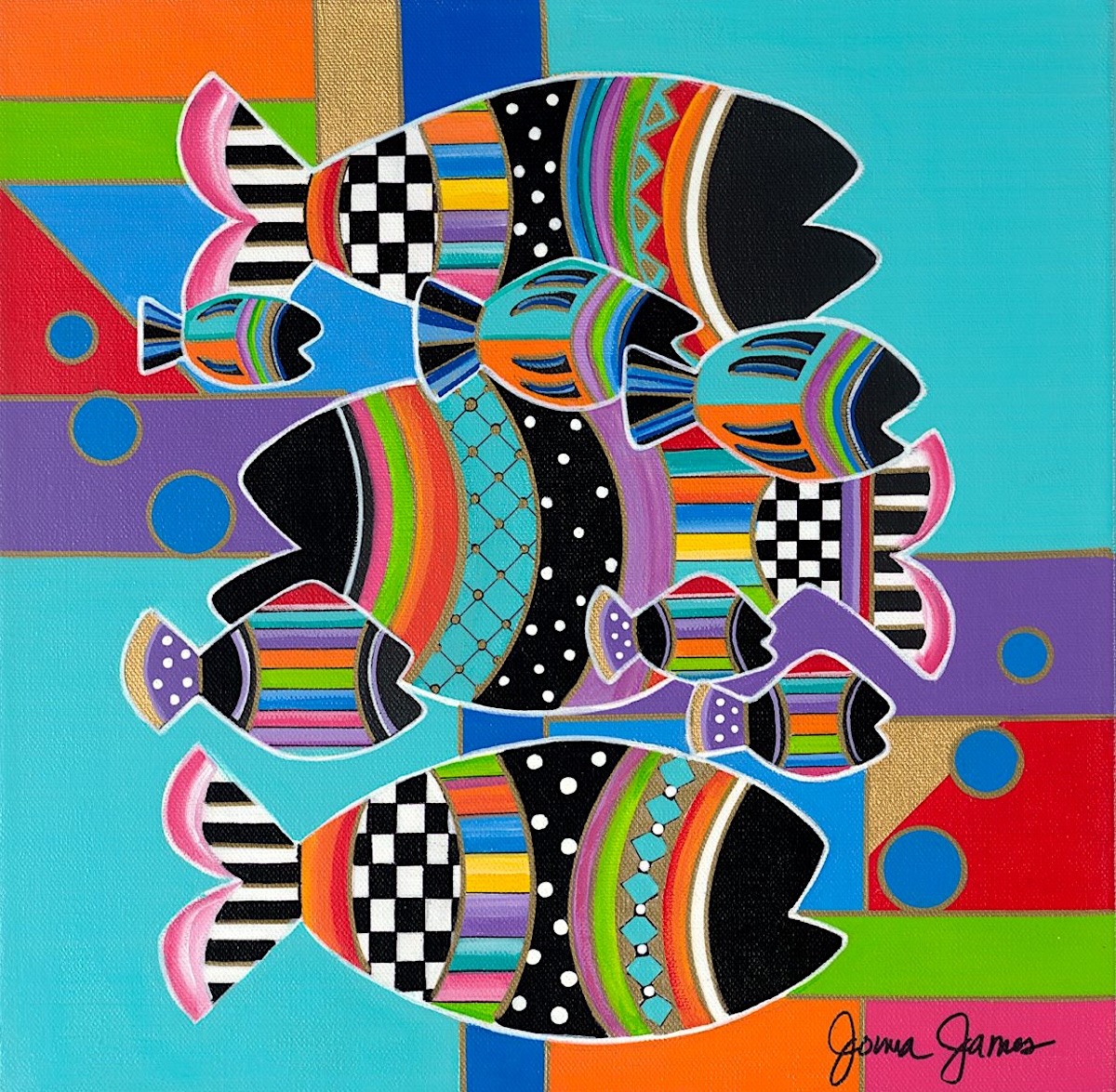 Abstract art of colorful patterned fish with stripes, dots, and geometric shapes on turquoise background
