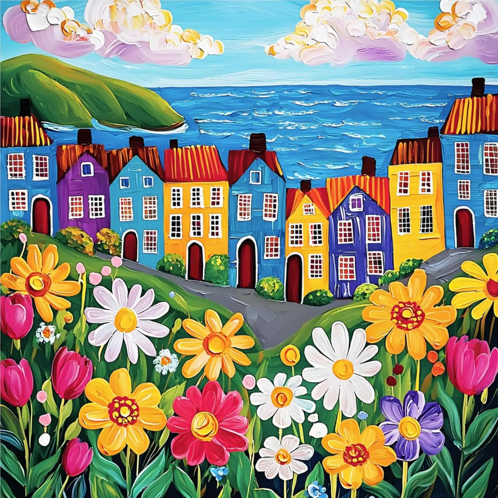 Vibrant coastal village with colorful houses, flowers, ocean view, and green hills under a blue sky with clouds