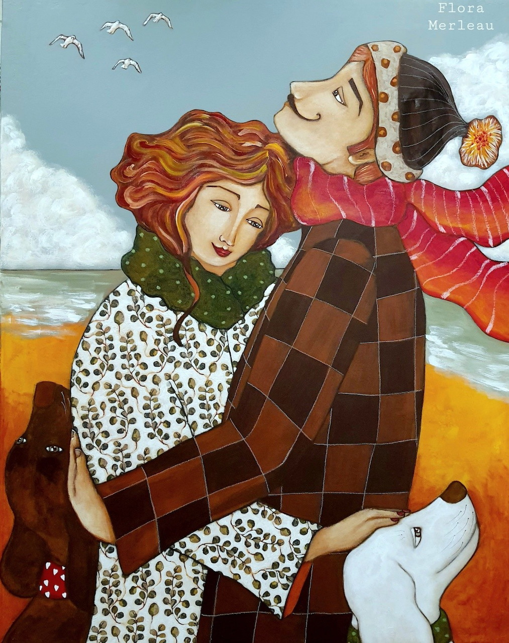 Illustration of couple embracing on beach, woman with red hair in polka dots, man in checkered jacket, folk art style