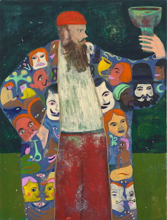 Painting of a bearded man in a red cap holding a chalice, wearing a robe covered in colorful faces