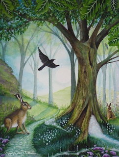 Painting of a forest scene with hares, a flying blackbird, large oak tree, wildflowers, and a green woodland path