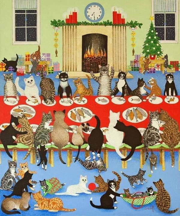 Illustration of cats dining at a Christmas table with fireplace and decorations