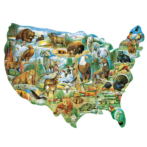 Illustrated USA map filled with American wildlife such as bears, eagles, deer, wolves, fish, and birds