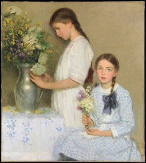 Painting of two girls in white dresses with a vase of flowers and a small bouquet