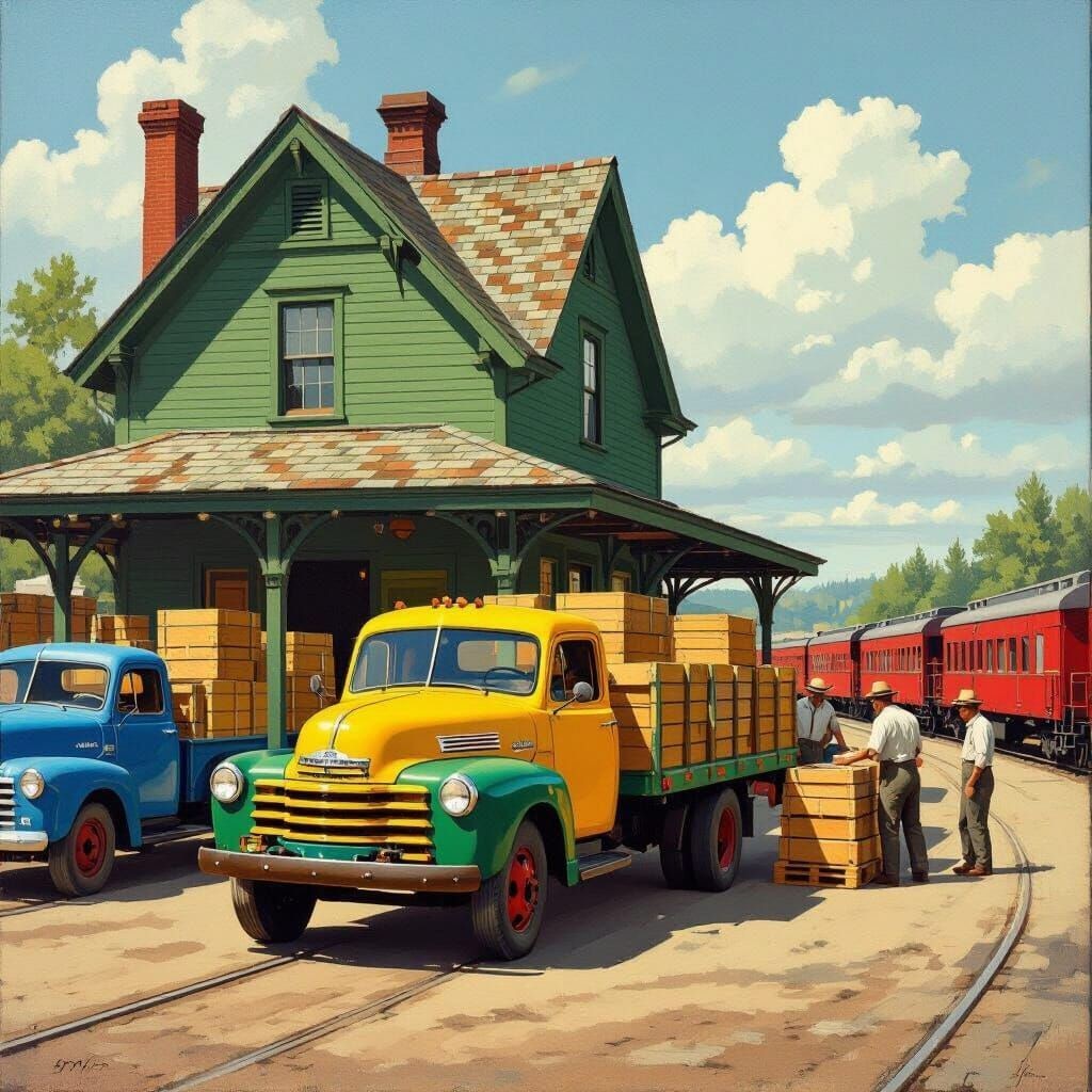 Yellow truck at railway loading dock with red train and green house