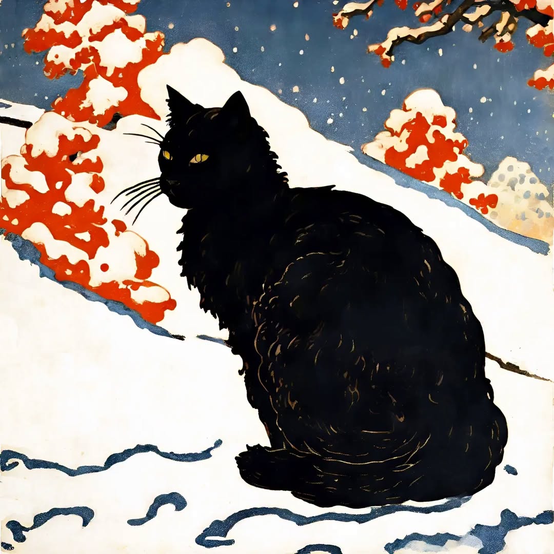Fluffy black cat sitting in snow beneath red branches and a blue, snow-filled sky.