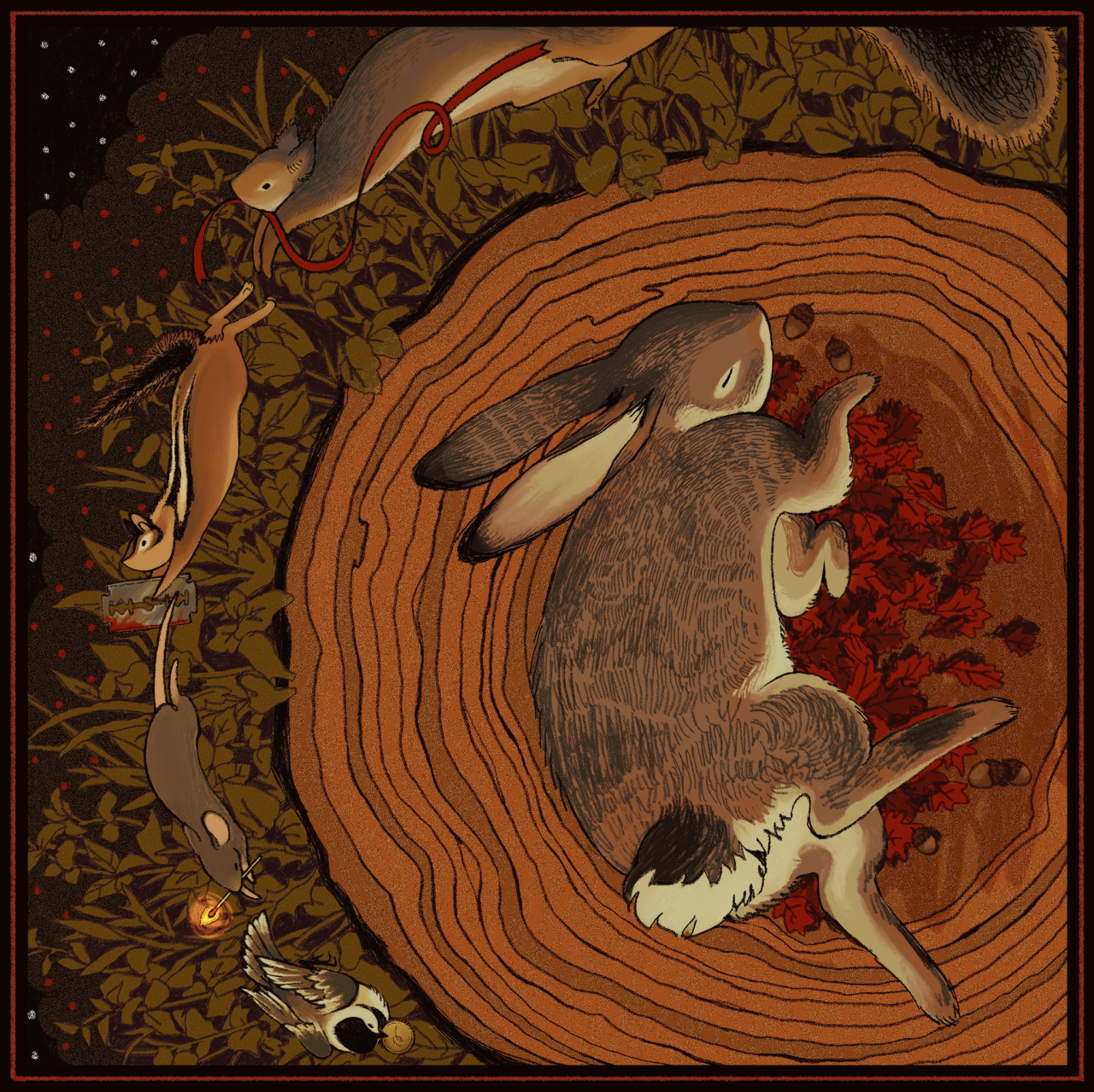 Stylized rabbit under orange swirling tree branches with autumn leaves and red berries on dark background