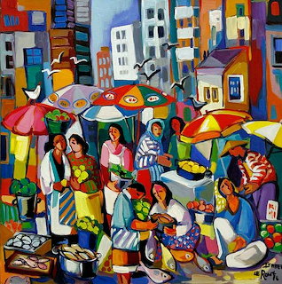Colorful cubist painting of busy market with people, umbrellas, and geometric buildings