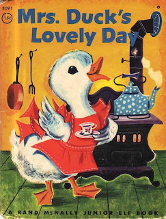 Vintage children's book cover of Mrs. Duck in a red dress cooking at a stove with hanging utensils