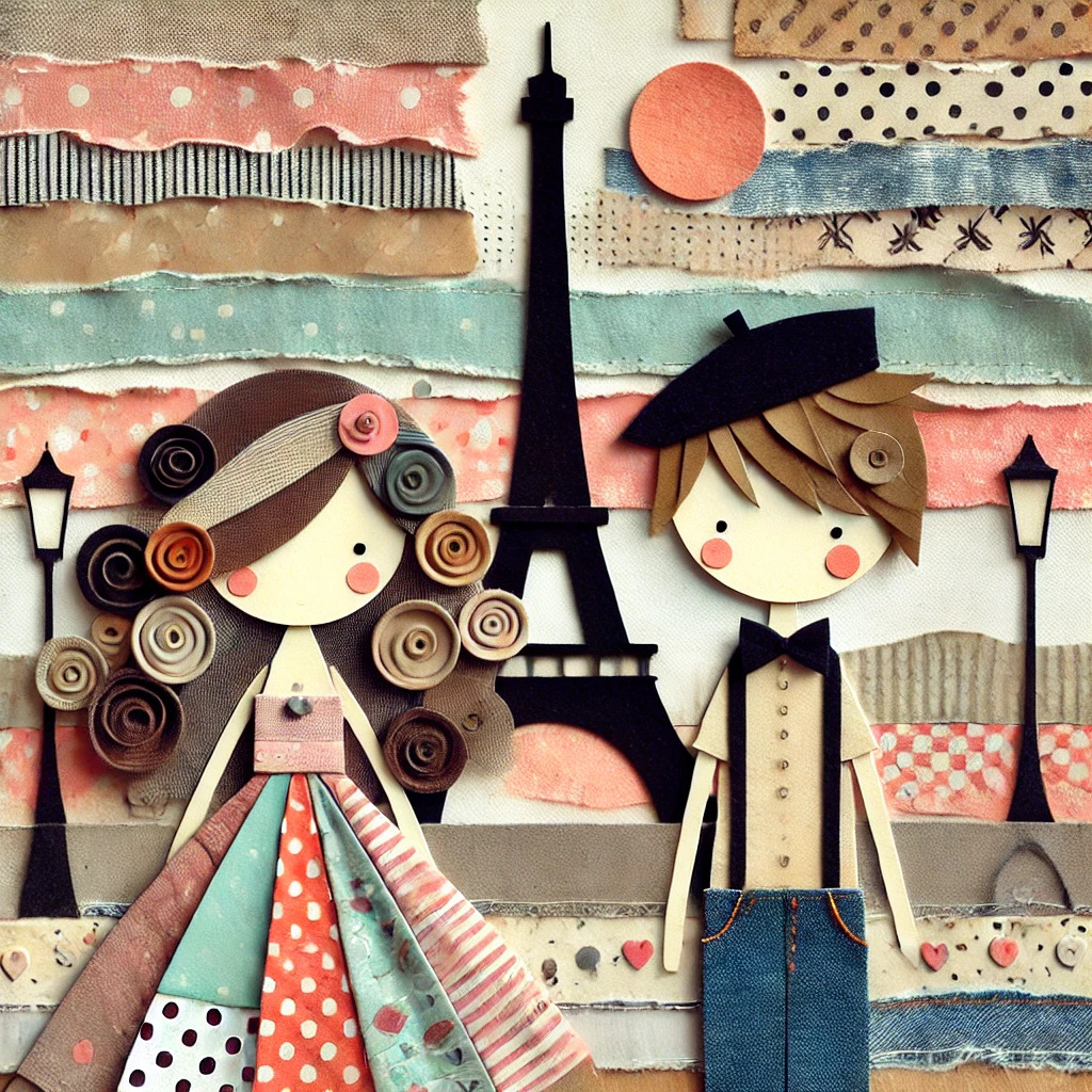 Stylized boy and girl characters with Eiffel Tower silhouette and patterned collage background