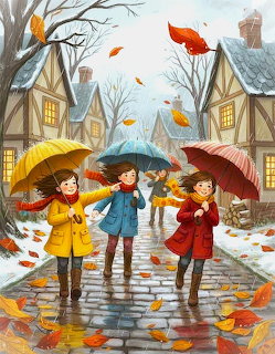 Three children holding umbrellas on rainy autumn street with cottages and colorful falling leaves