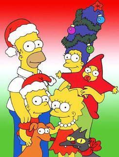 The Simpsons family in Christmas attire around a decorated tree with rainbow background