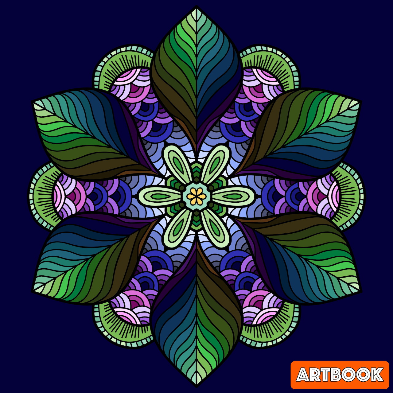 Symmetrical mandala with green leaves and purple ornamental motifs on deep blue background