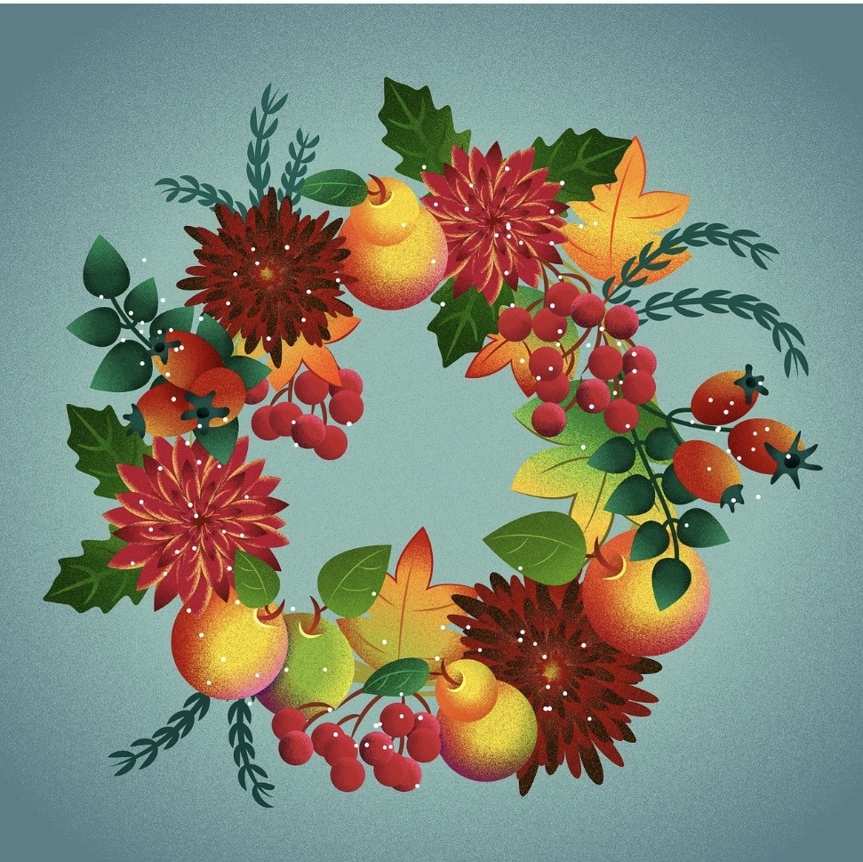 Colorful autumn wreath with pears, red berries, flowers, green leaves, and ladybugs.