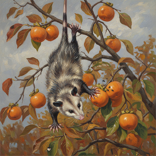 Painting of an opossum hanging from persimmon tree branches with orange fruit and fall leaves