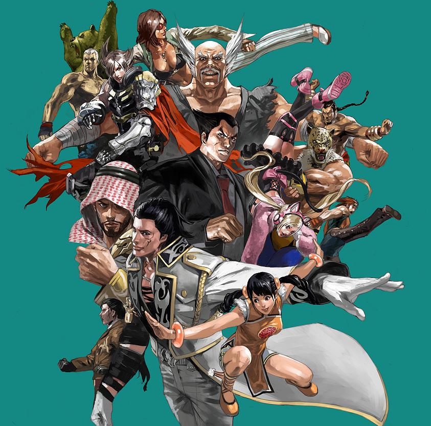 Illustrated collage of Tekken 7 fighters in dynamic action poses on a teal background