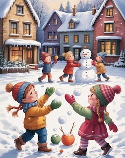 Children in winter clothes building snowmen and playing in snowy village street with colorful houses
