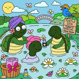 Cartoon turtles enjoying a pond spa with towels, flowers, lily pads, and a spa sign