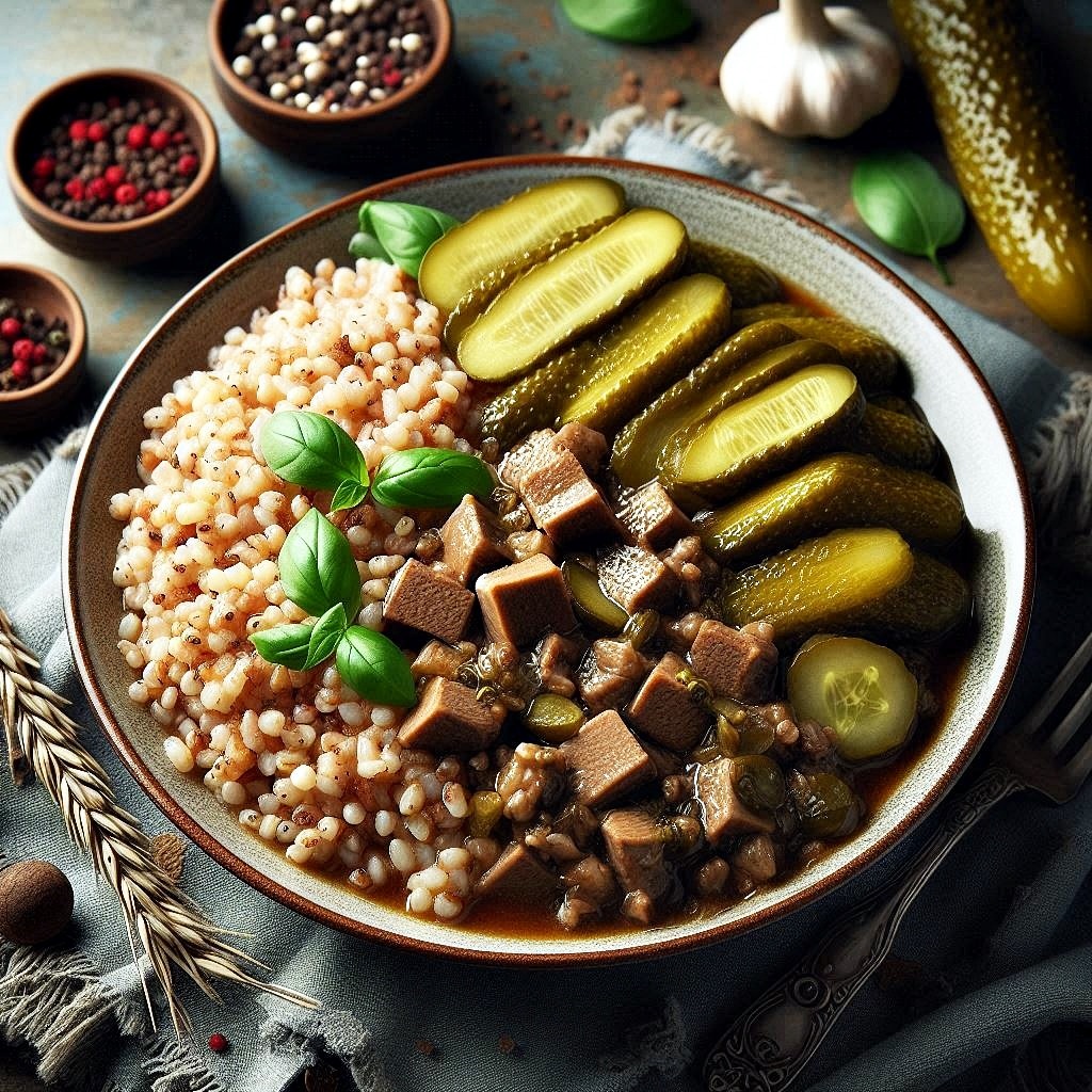 Bowl of buckwheat groats with roasted meat chunks, pickles, and parsley garnish on dark surface