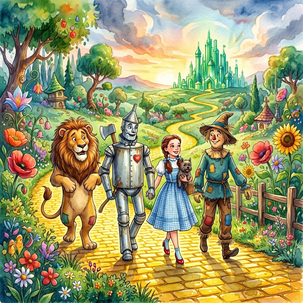 Dorothy, Scarecrow, Tin Man, and Lion walking yellow brick road toward Emerald City in vibrant illustrated scene