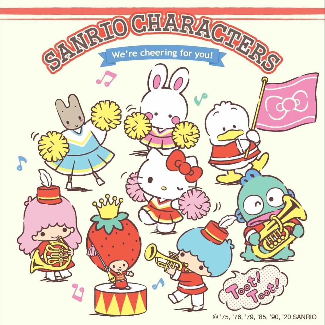 Cartoon Sanrio characters cheering with pom-poms and instruments, featuring Hello Kitty