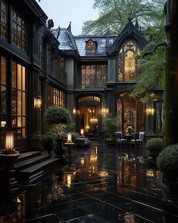 Dark manor house courtyard at evening with lit windows, wet pavement, outdoor furniture and surrounding trees