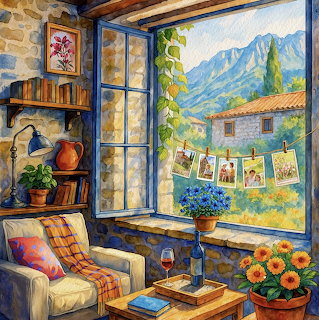 Watercolor painting of rustic room with open window showing mountains, flowers on sill, and cozy chair