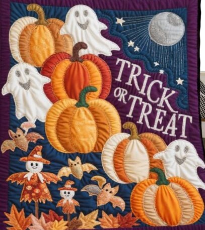 Halloween quilted decoration with pumpkins, ghosts, scarecrows and trick or treat text