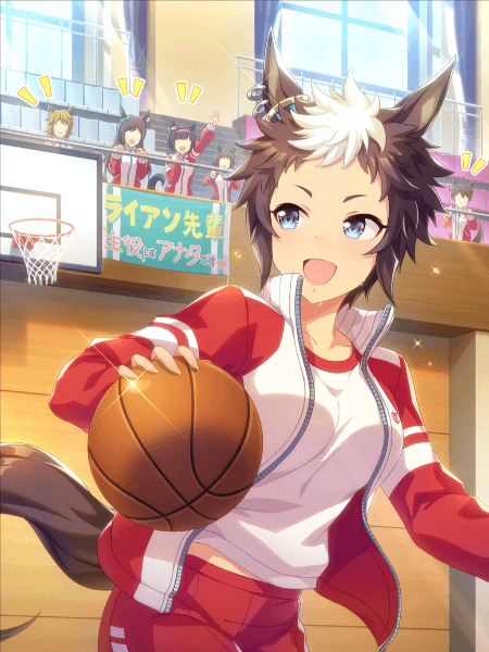 Anime horse girl Mejiro Ryan holding a basketball in a gym wearing a red and white jacket