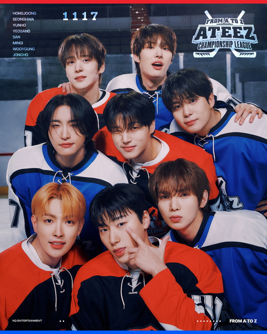 ATEEZ K-pop group members posing together in a stylized portrait