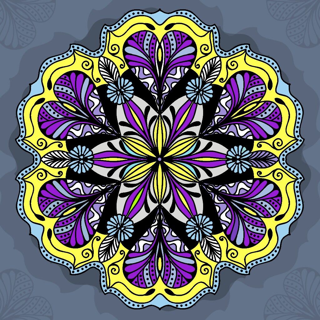 Symmetrical mandala with purple and yellow floral patterns on blue-gray background