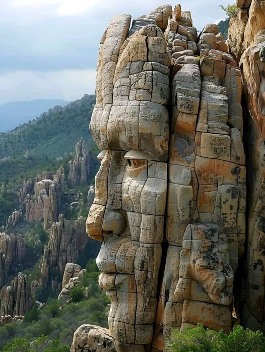 Rock formation resembling a human face at Chiricahua National Monument with mountains in background
