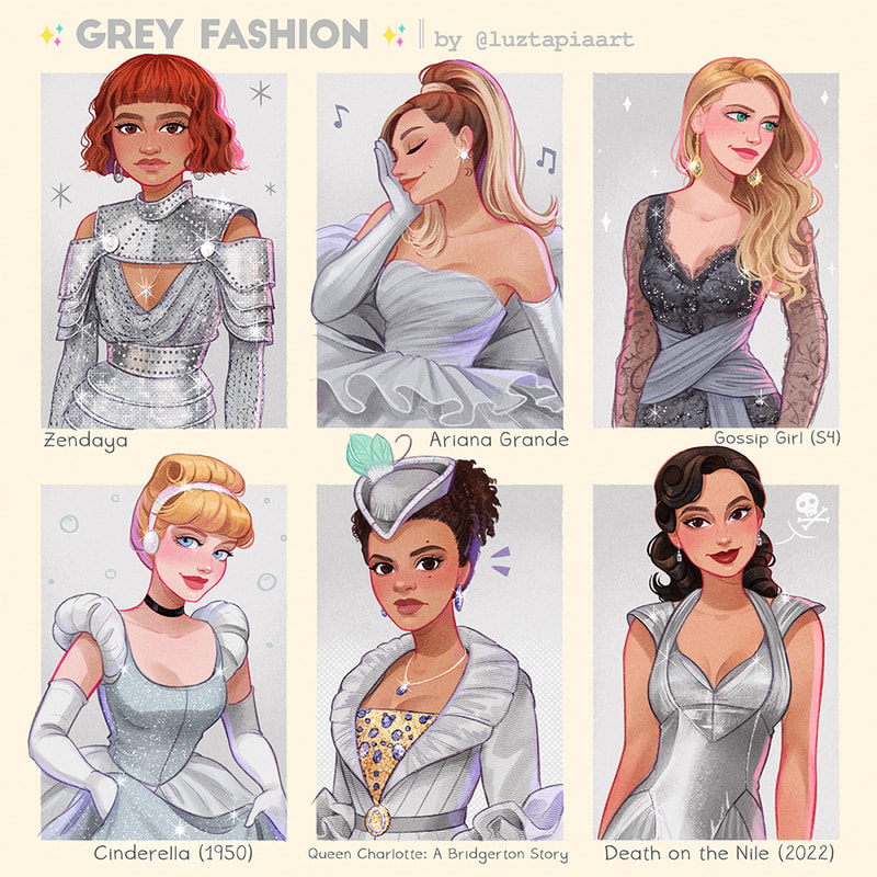 Collage of six illustrated women in gray and silver fashionable dresses