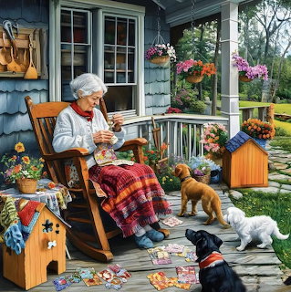 Grandma on Porch with Puppies