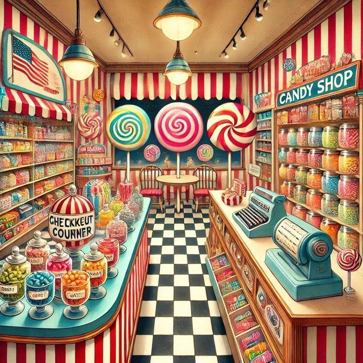 Colorful candy shop interior with candy jars, giant lollipops, striped decor, and checkered floor