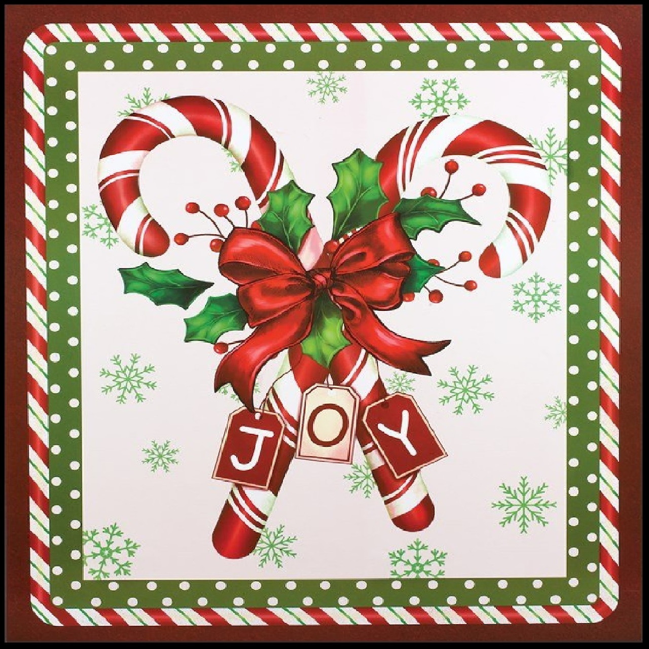 Two crossed candy canes with red bow, holly leaves, and snowflakes on white background with festive striped border