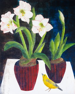 White amaryllis flowers in red pots with yellow bird, painting by Ruth Chapman