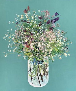 Painting of wildflowers in a clear glass vase on a turquoise background
