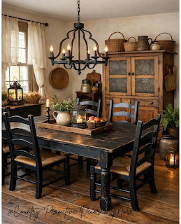 Rustic country dining room with dark farmhouse table, ladder-back chairs, iron chandelier, and wooden hutch