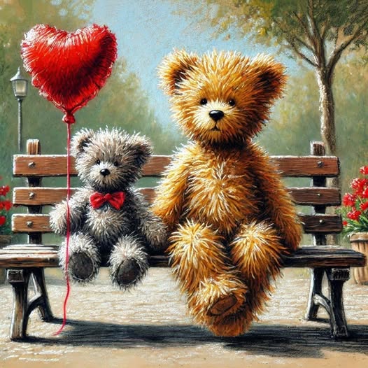 Two teddy bears on a park bench with a red heart-shaped balloon