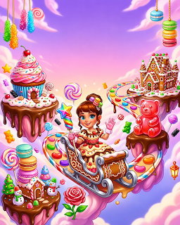 Girl surrounded by candy, gingerbread house, cupcakes, and lollipops in a colorful fantasy sky