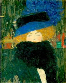 Portrait painting of woman wearing large blue hat and black feather boa in expressionist style with bold colors