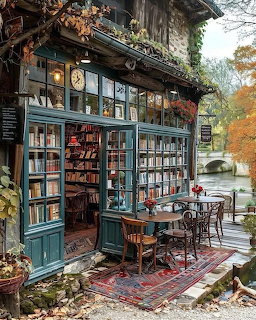 Vintage teal bookshop storefront with outdoor cafe tables surrounded by autumn leaves