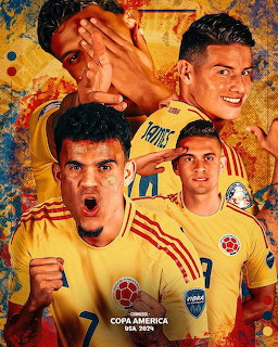 Four Colombian soccer players in yellow jerseys showing celebratory emotions