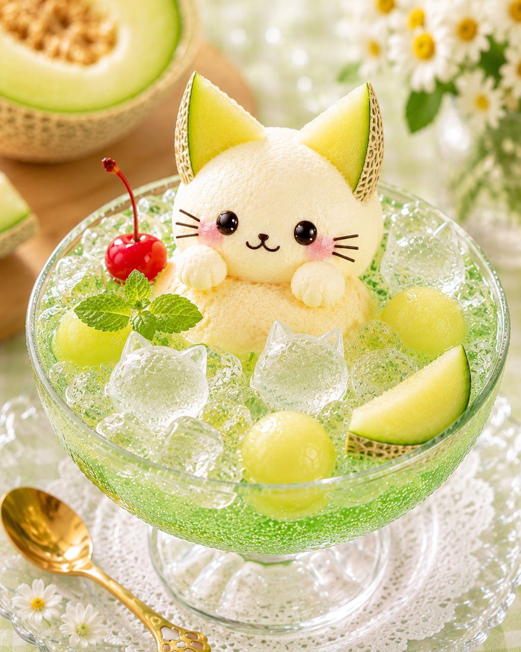 Cat-shaped dessert in a glass bowl with melon soda, ice, melon pieces, mint, and a cherry