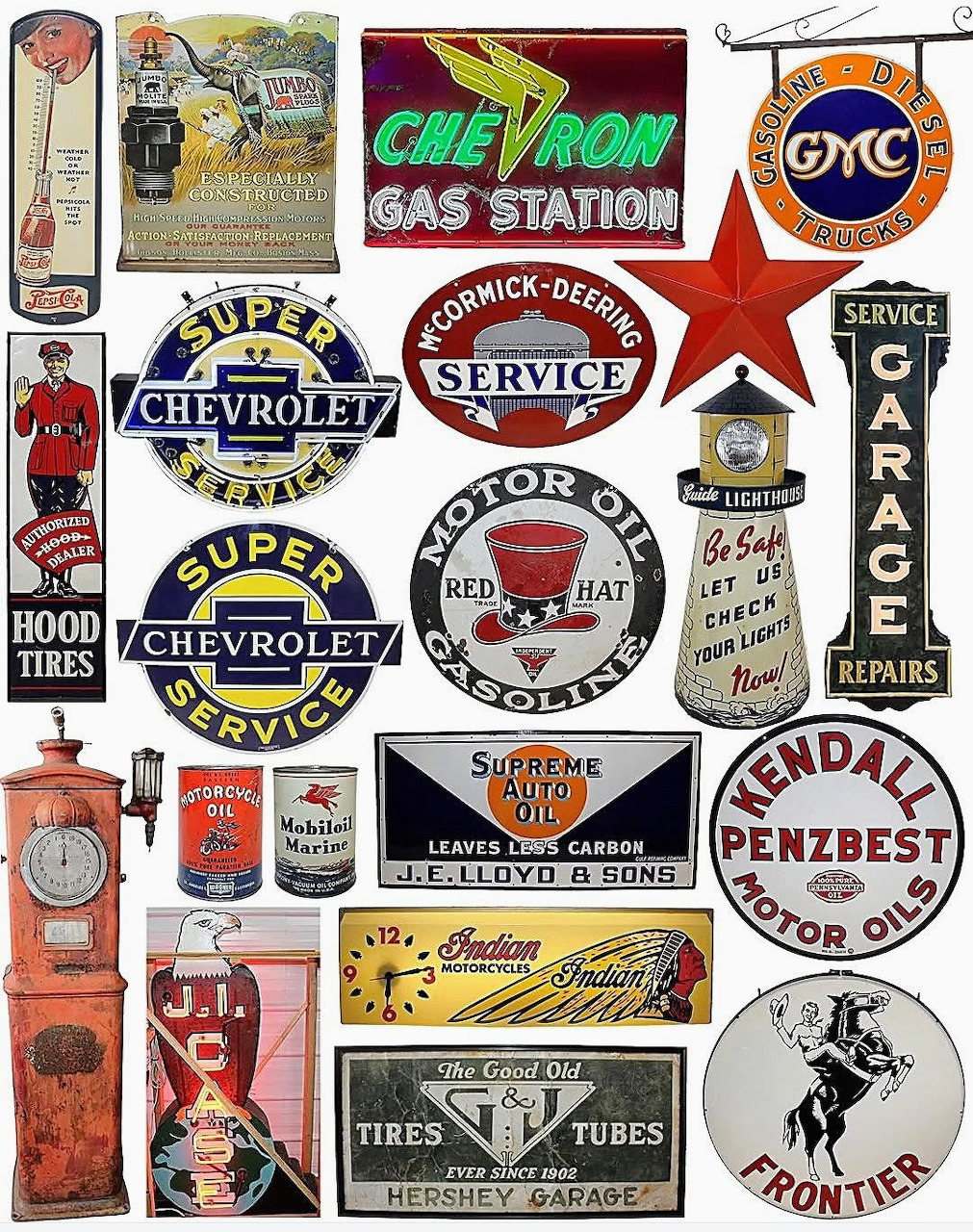 Collage of vintage automotive signs, oil advertisements, and retro service station logos