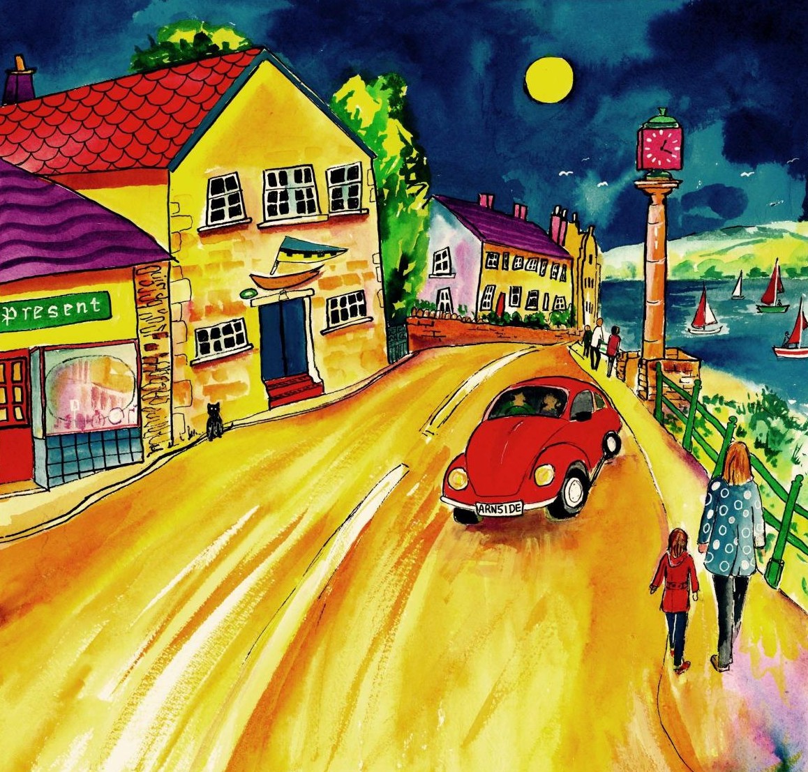 Colorful folk art painting showing yellow cottage, red car on village street, sailboats on water, full moon in night sky