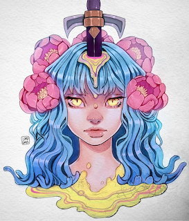 Illustration of a girl with blue wavy hair, pink flowers, and a tiny figure on her head