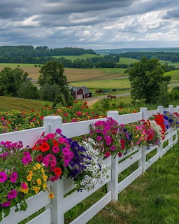 White fence with colorful flower baskets overlooking rolling countryside fields and trees